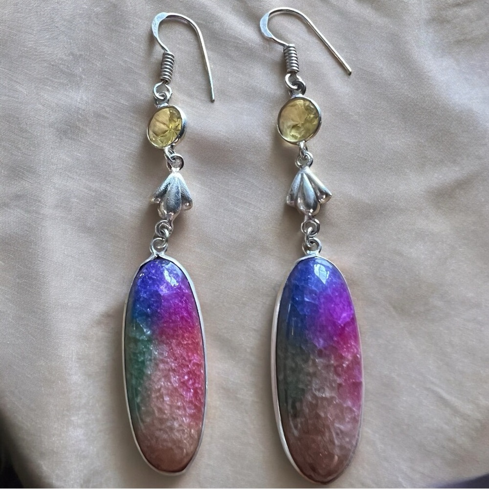 New Rainbow Solar Quartz Crystal Stone Sim Citrine Silver Overlay Hook Earrings